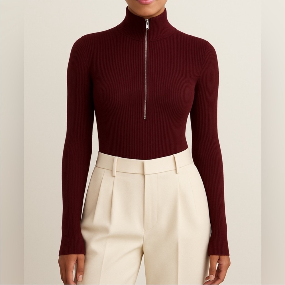 NWT - Good American Ribbed Zip Up Bodysuit - Burgundy - Picture 2 of 3
